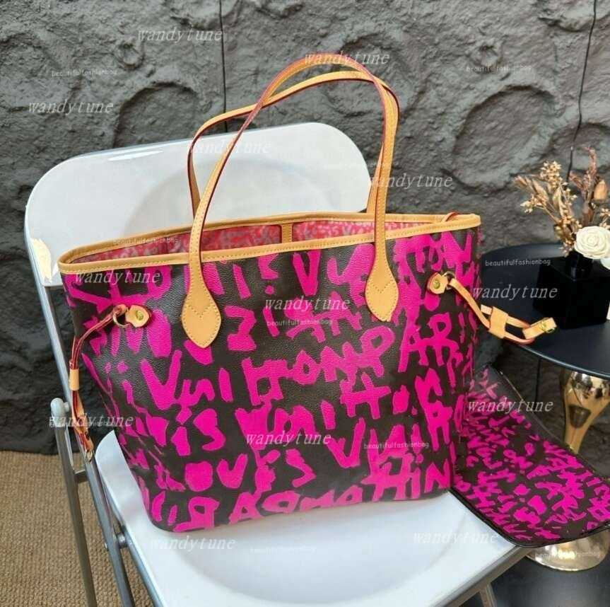 Totes 10A New luxury womens designer bags graffiti tote bag lady brand pink letters printed shoulder Bag genuine Leather handbags purse high quality