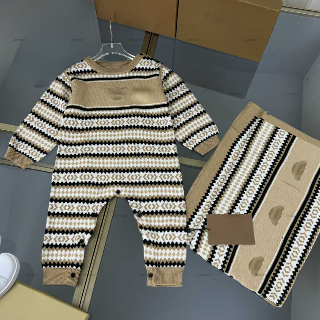 Top newborn baby jumpsuits infant bodysuit kids designer clothes Multi colored stripe design toddler romper and Knitted blanket A000X11N189-image-1057330416