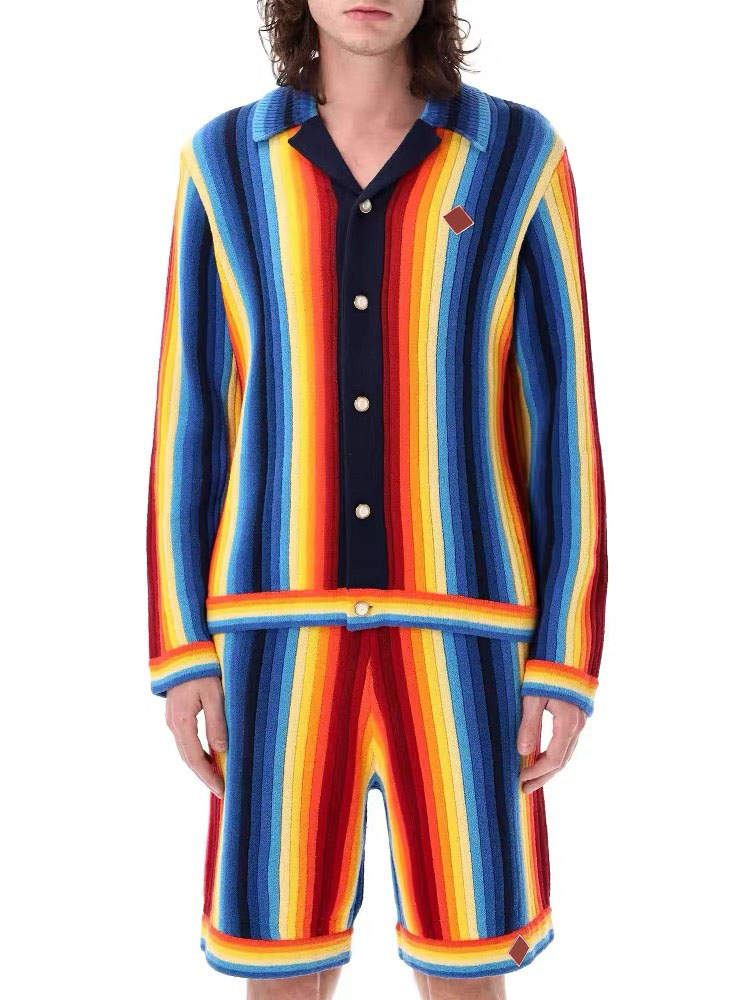 tn Casabalnc high quality summer tide new hollowed out colorful stripes retro knit shorts men designer long sleeve loose lapel button cardigan sweat