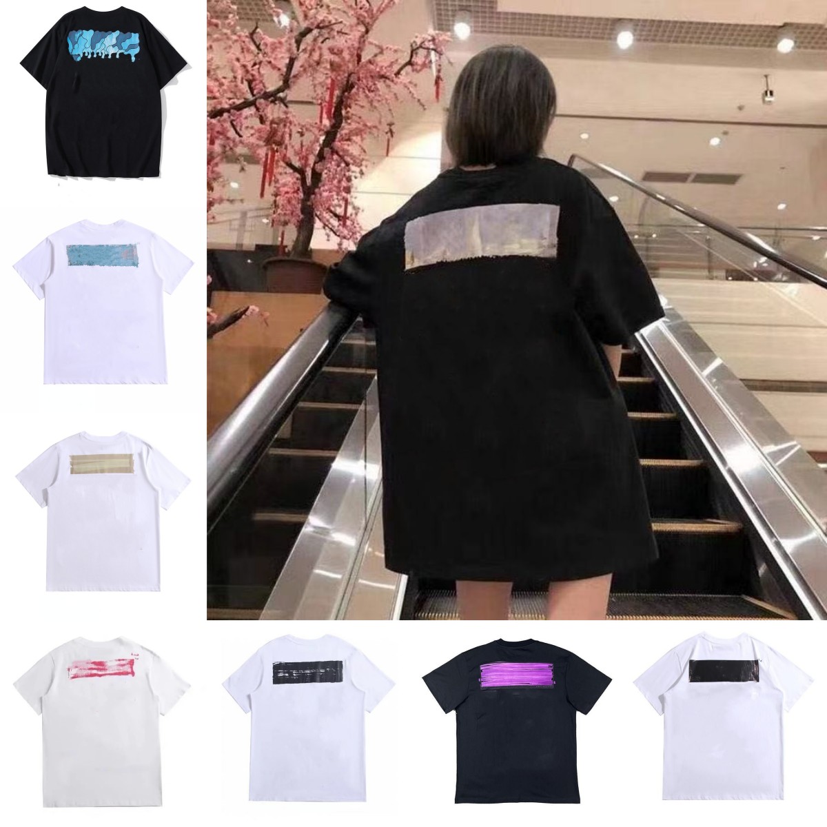 Designer Mens tshirt Summer Shirts Luxury Cotton Loose tshirts Casual Short Sleeves Oil Painting Black Back Print Street Graffiti White T-shirts-image-938629152