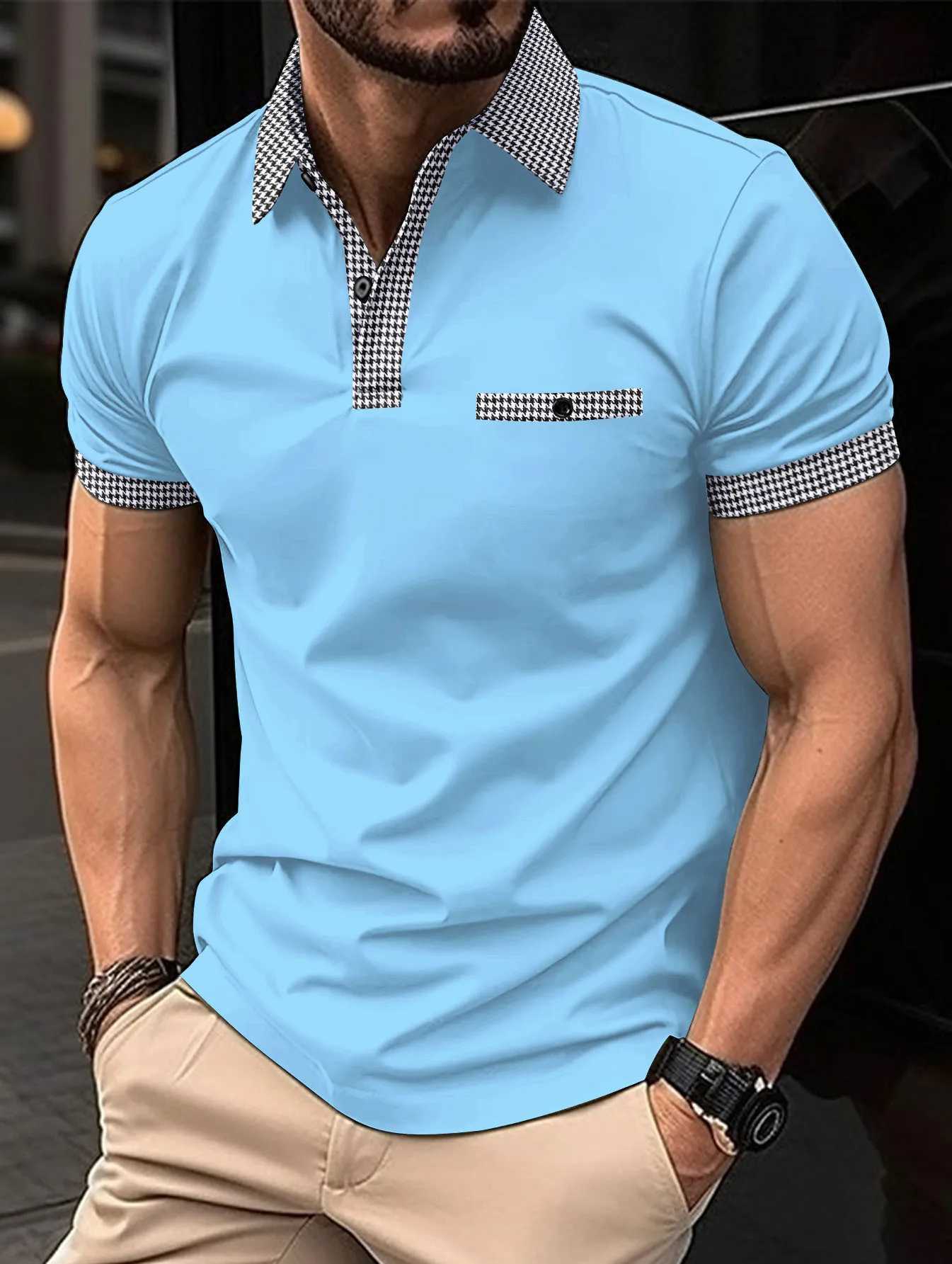 Europe And The United States Summer Solid Color Lapel Mens Short-slved Shirt Button Color MatMens Sports Shi L26924