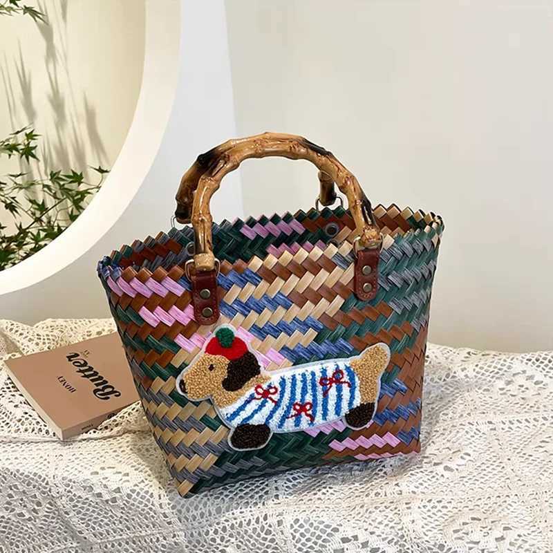 Niche Retro Cute Dachshund Woven Bag Fashionable Bamboo Basket Bag 2025 New Casual Hand-held Tote Bag Girls Gift Bag Womens BagXJ250515