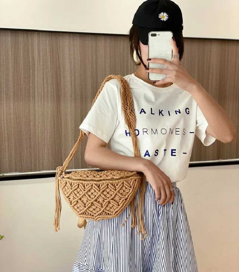 2024 Summer New Bohemia Hand Woven Beach Bag With Tassels Cotton Crochet Hollow Out Travel Tote Bag Ethnic Handbags Underarm BagXJ250515