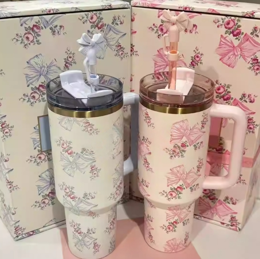 US STOCK Gobelet 40 oz Rosa Beaux rose bleu magnolia chocolat tasse froide en acier inoxydable avec bouteille d'eau en silicone fleur d'amour liv