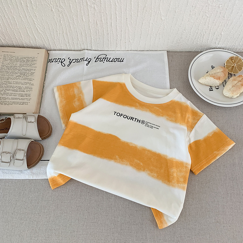 XW236 Children&#039;s striped T-shirt 2025 summer boys and girls letter printing casual loose short-sleeved Western-style half-sleeved T-shirt to-image-1057615493