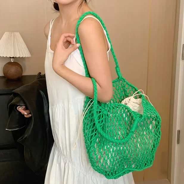 Fashion New Luxury Woven Straw Bag Hollow Shoulder Bag Large Capacity Tote Handmade Bag Cotton Linen Net Bag Beach Holiday BagXJ250515