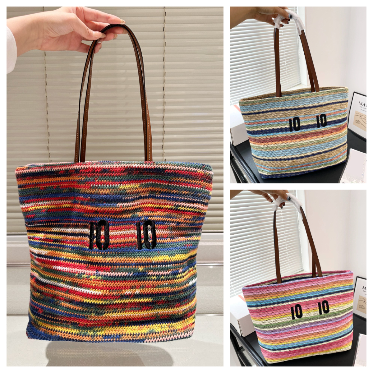 New Summer Beach Straw Knitting tote bag Womens Fashion Striped rainbow bag Woven raffia handbag shoulder bag designer weekend bag travel bag Straw