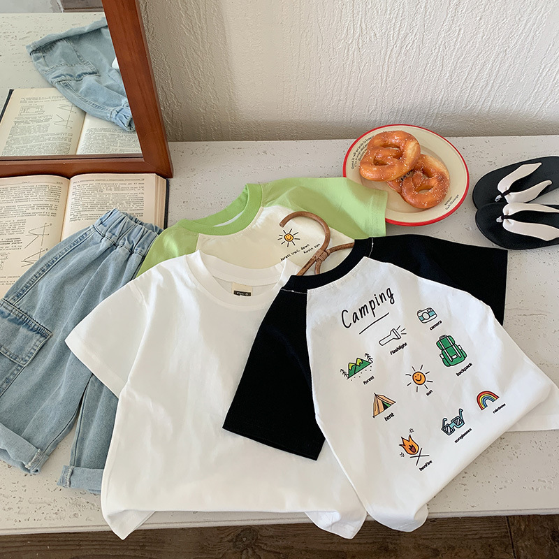 XW238 Children&#039;s T-shirt 2025 summer new boys and girls cartoon short-sleeved round neck raglan sleeves cute baby versatile tops-image-1057616817