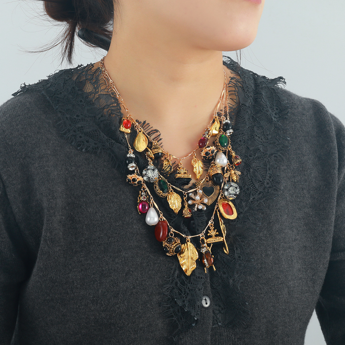 24 Double Fritillaria Black Agate Star and Moon Necklace Gold Plated Brass 240920