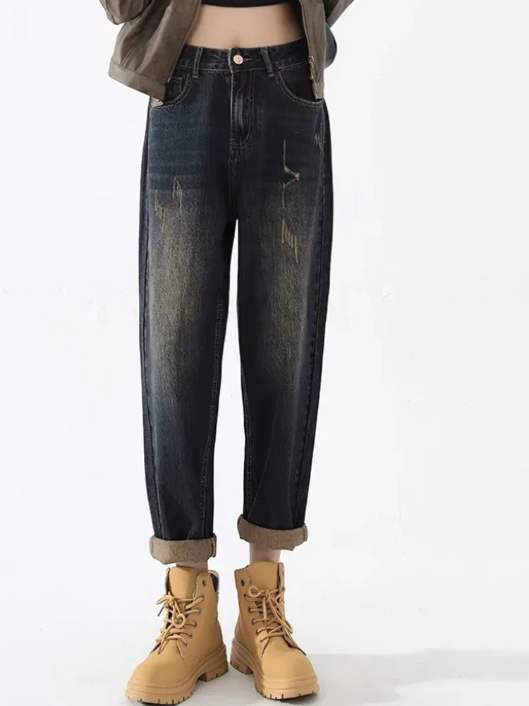 Jean fuselé taille haute pour femme, délavé, effet vieilli, détail de point arrière, Streetwear décontracté, pantalon en Denim sarouel