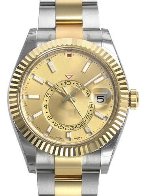 Brand Mens Watch Automatic Movement SkyDweller TwoTone 42mm Champagne Dial Fluted Bezel Dual Time 326933 326939 326935 326934 Wristwatches