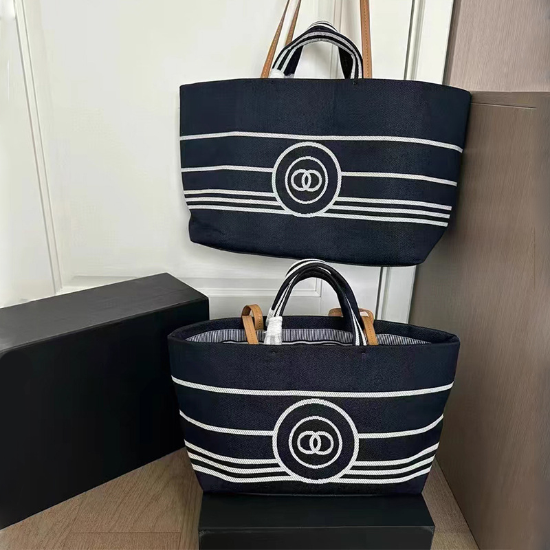designer navy denim canvas woman striped cc shopping bag large capacity tote luxury handbag outdoor protable cross body