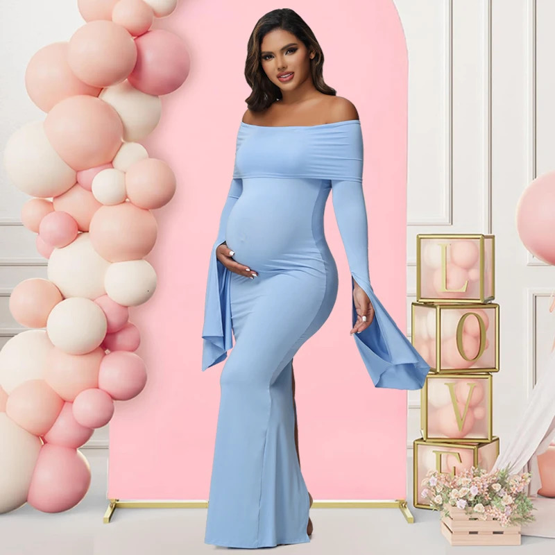 Women Maternity Dresses For Poshoot Sexy Off Shoulder Long Sleeve Bodycon Pregnancy Baby Shower Maxi Gown 250516 M260226-image-1095544905