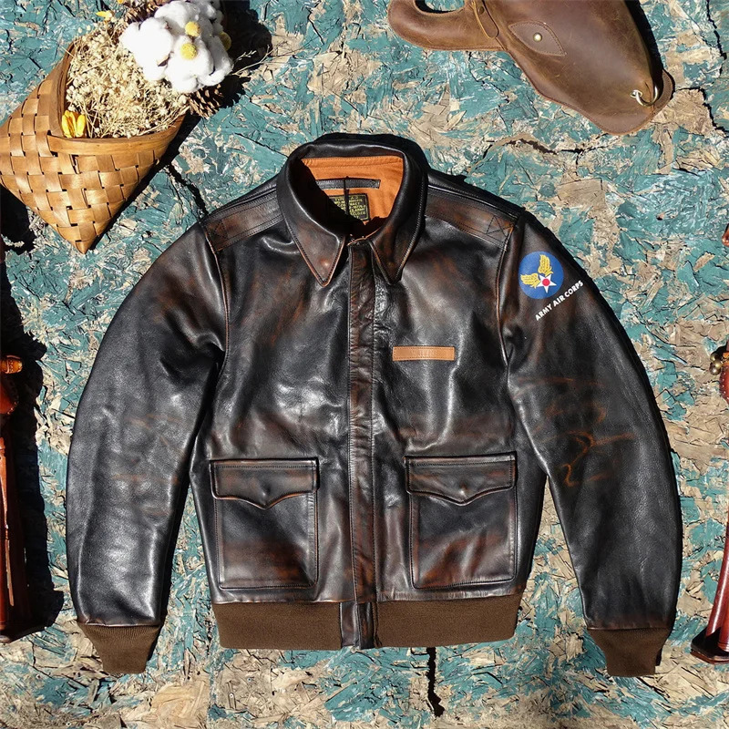 Eastman Escape A2 Edition Flight Suit Yellow Tea Rubbing Color Old Horseskin Leather Jacket Mens Short 250513