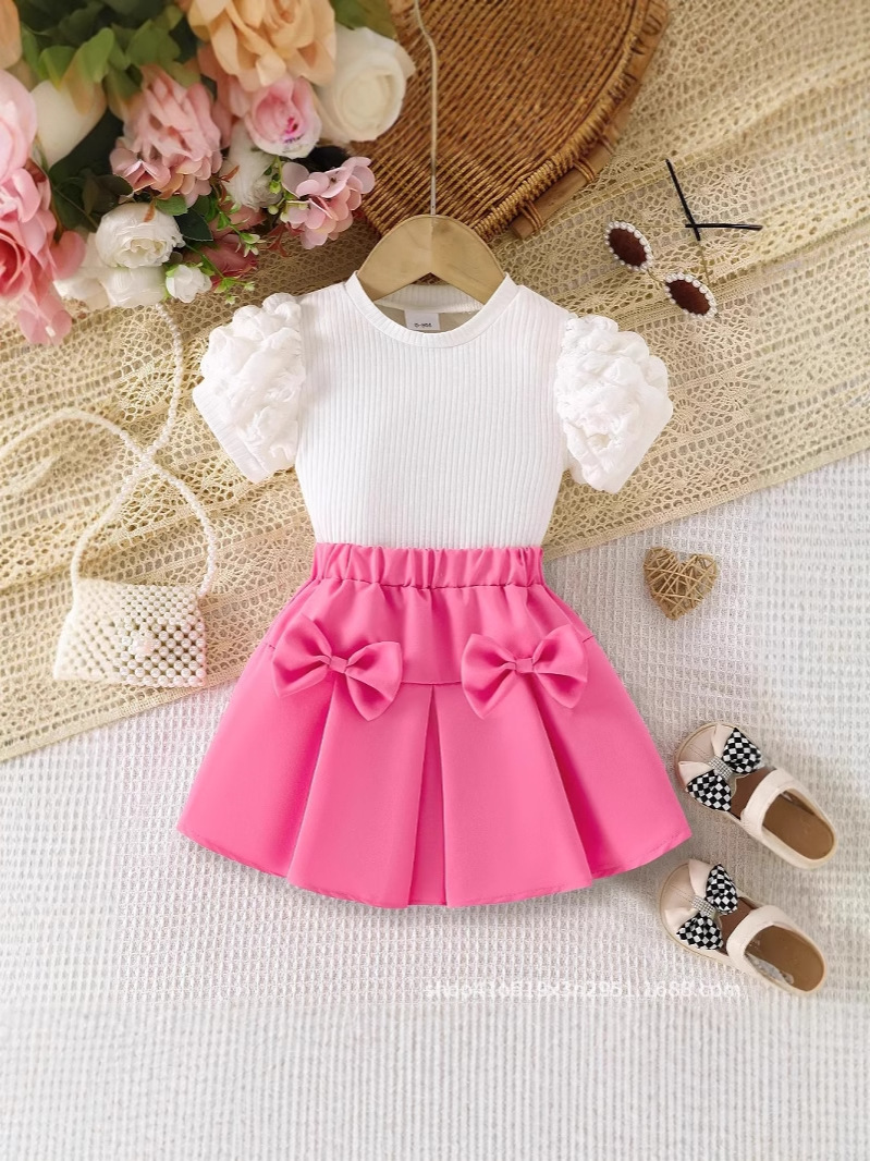 XW240 New arrival European and American girls sweet style puff sleeve short sleeve top bow short skirt two piece set-image-1057955901