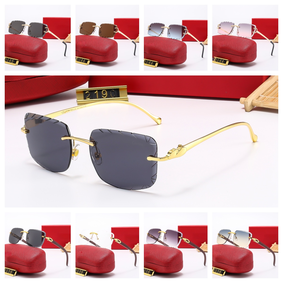 Designer Square Cut Edge Sunglasses: Frameless Womens Fashion with Leopard Head Details Natural Wood Temples