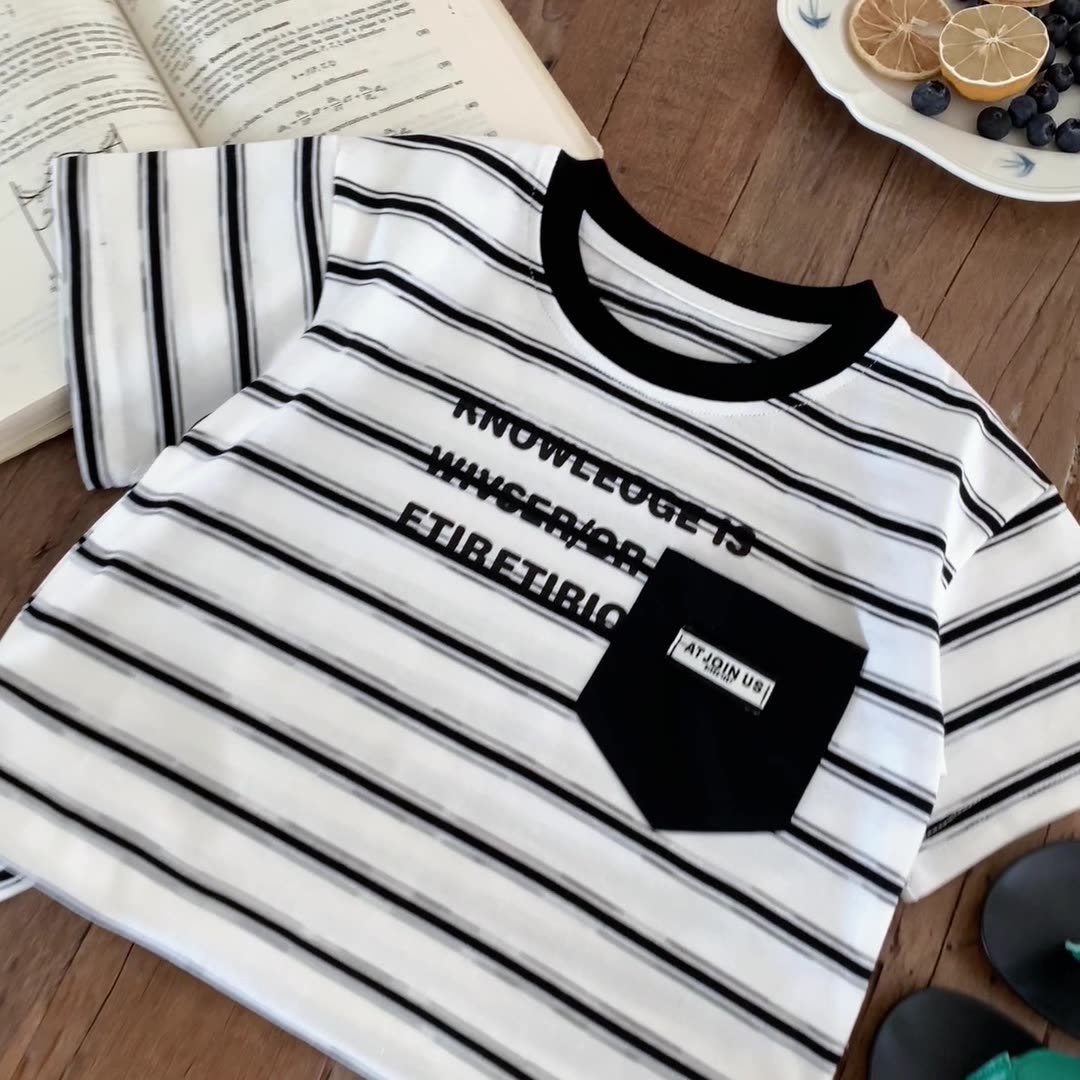 XW241 Children&#039;s striped short-sleeved 2025 summer new products boys and girls pocket T-shirts for small and medium-sized children and babie-image-1057956385