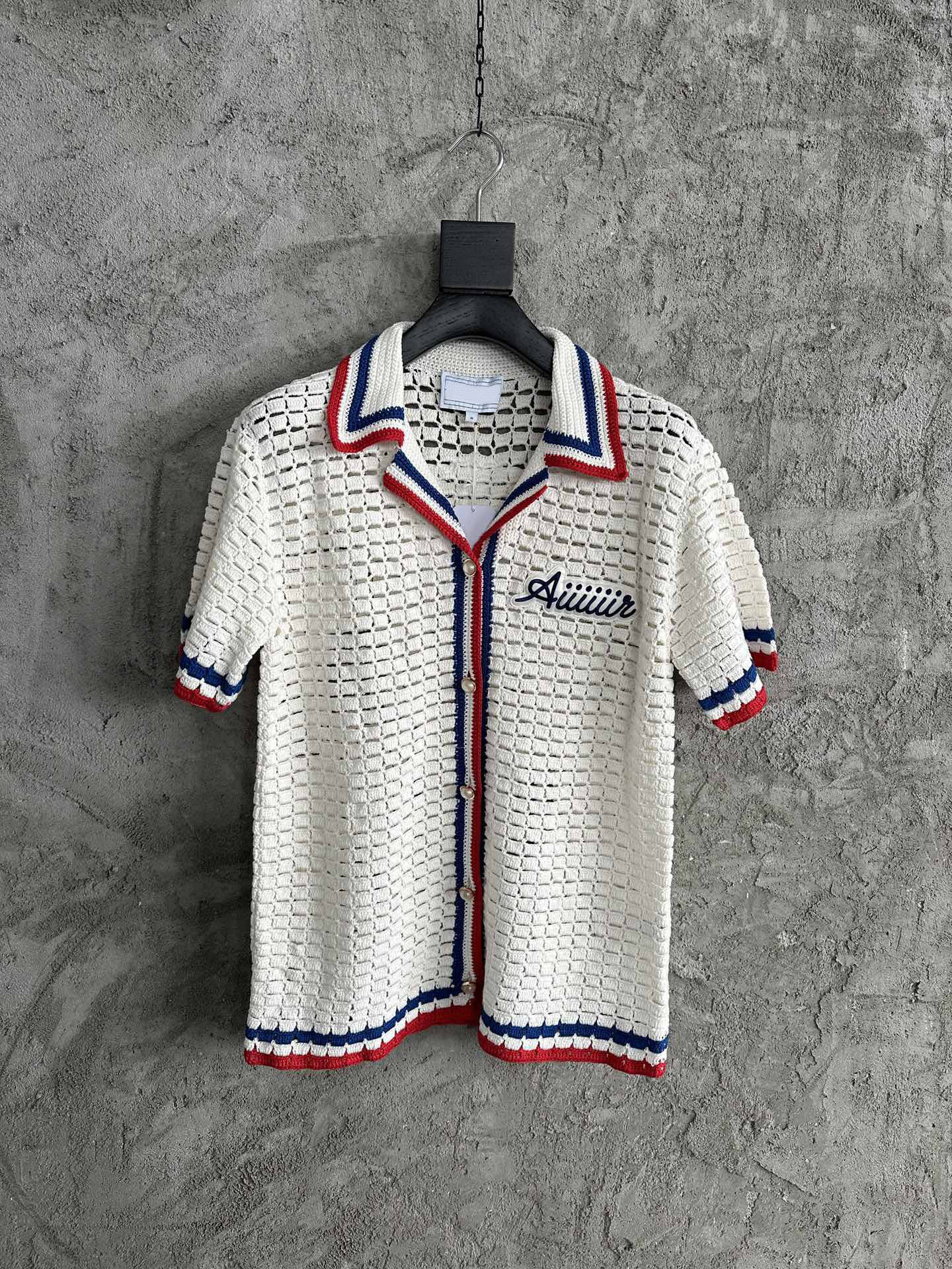 25ss casabalnc top quality handmade knit short sleeve t shirt men's designer embroidery pattern print lapel pearl button knitted cardigan po