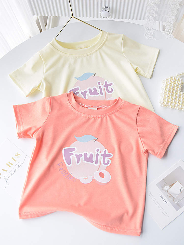 XW244 Girls summer short-sleeved T-shirt 2024 new children&#039;s girl fashionable and stylish half-sleeved summer fine cotton loose top-image-1058106640