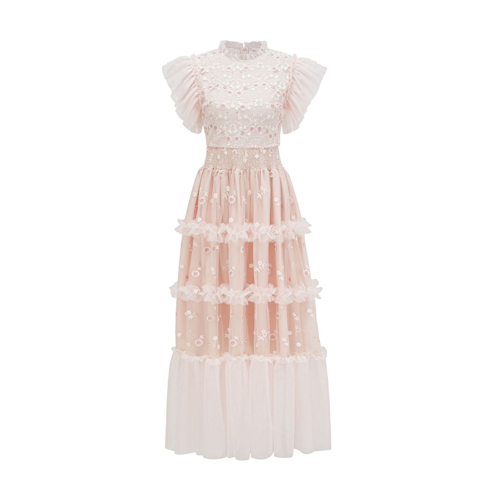 (285) Douce robe brodée, col mi-haut, tempérament doux, petite robe à fleurs, taille élastique, jupe longue, vêtements pour femmes