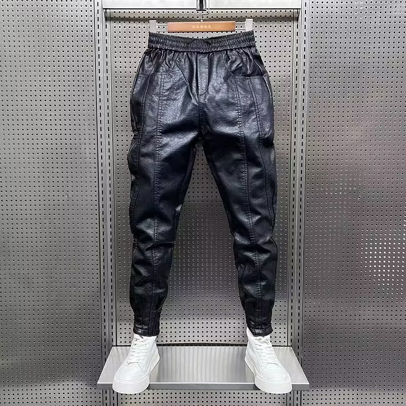 Winter Thick Warm PU Leather Pants Men Clothing Simple Big Pocket Windproof Casual Motorcycle Trousers Black Plus Size 220720