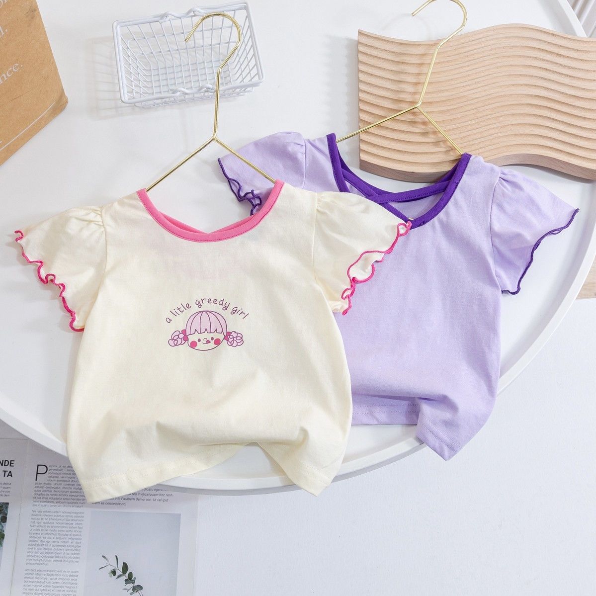 XW245 Girls summer short-sleeved 2024 Korean new style cartoon baby girl round neck versatile puff sleeve top T-shirt-image-1058107471