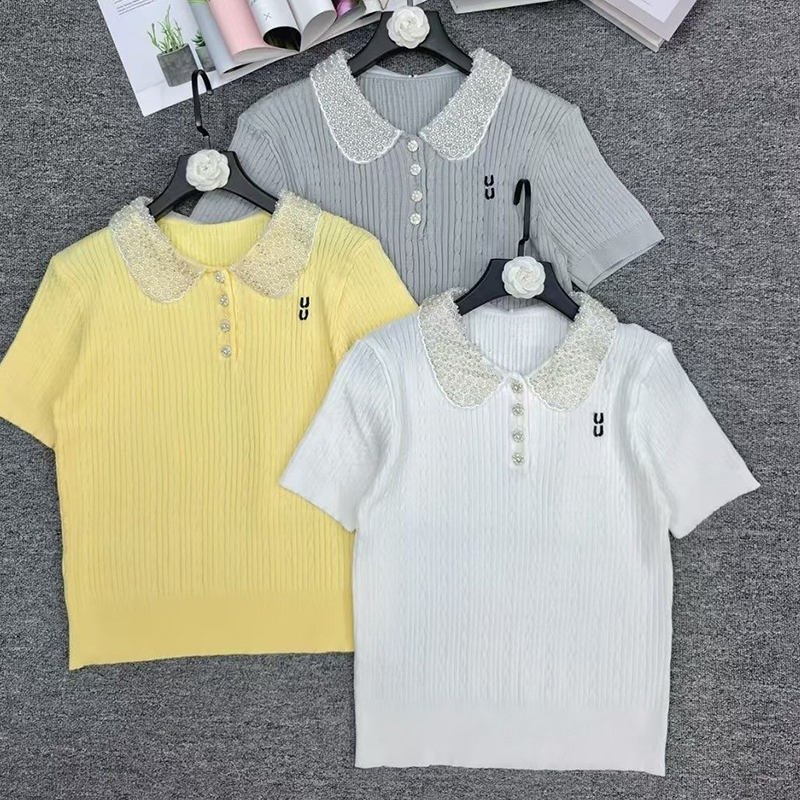 Designer Womens Knitted Shirt Fashion Sweet Versatile Top 2025 Summer Letter Embroidery Bead Lace Short Sleeve