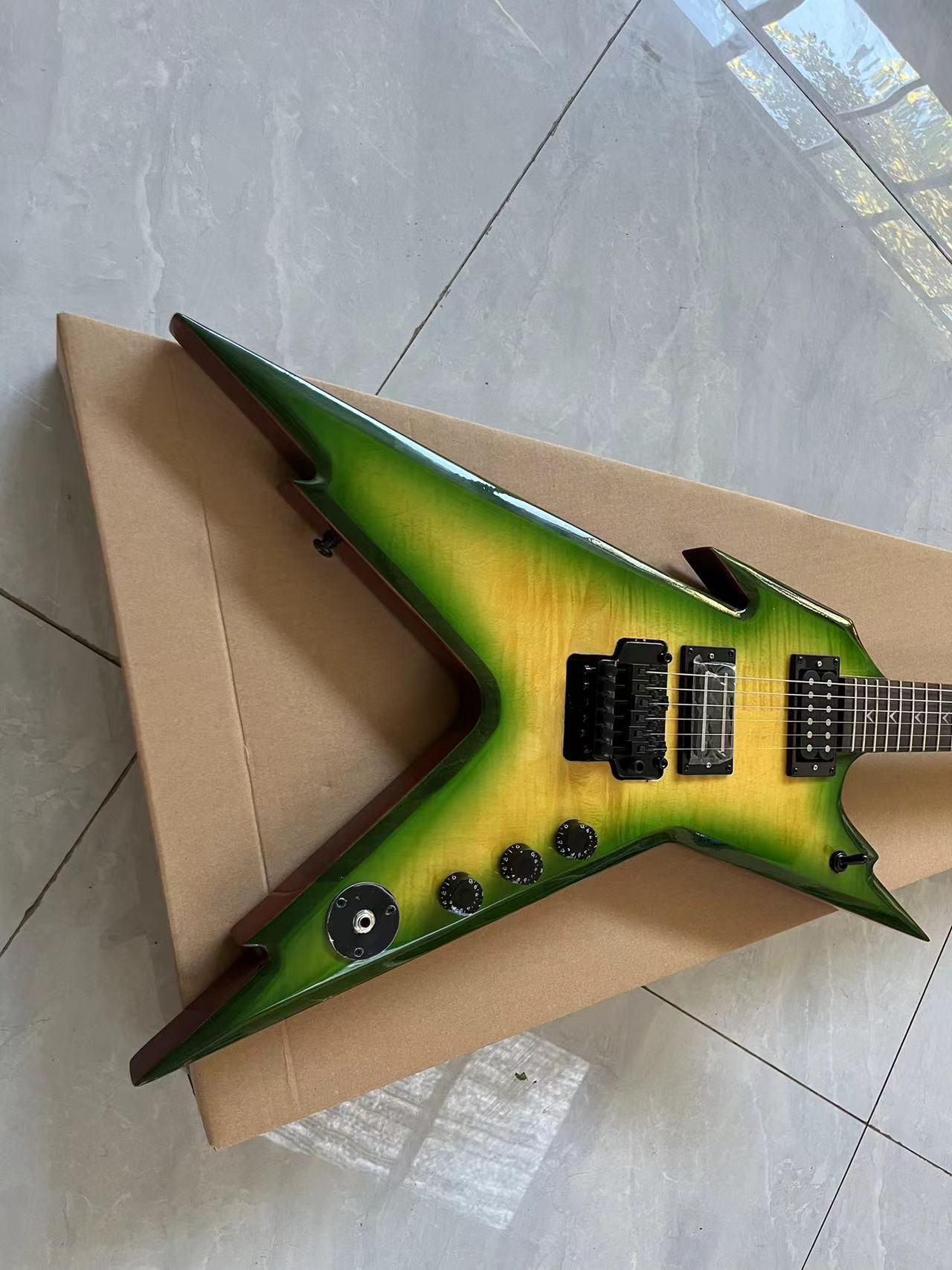 Avant-Garde Angular Electric Guitar: Green-to-Yellow Gradient Finish & Dual Black Humbuckers-image-1058629769