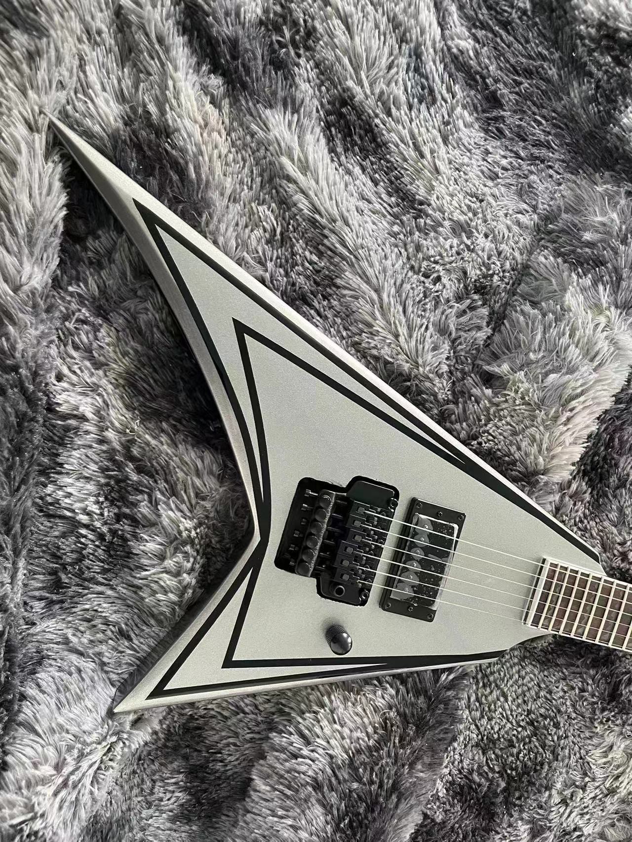 Triangular Flying V-Style Guitar: Sleek Silver Finish, Black Geometric Lines & Single Humbucker-image-1058628838