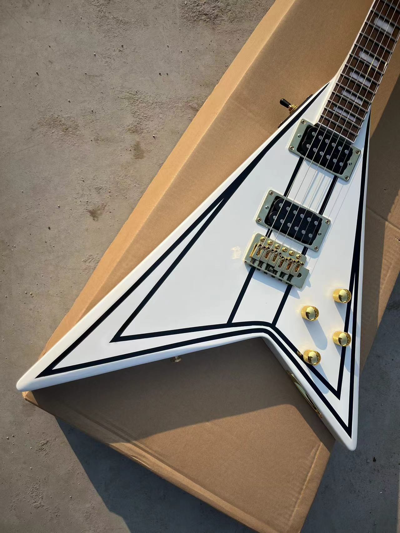 Classic Flying V-Style Guitar: Glossy White Finish with Bold Black Geometric Lines & Gold Knobs-image-1058629104
