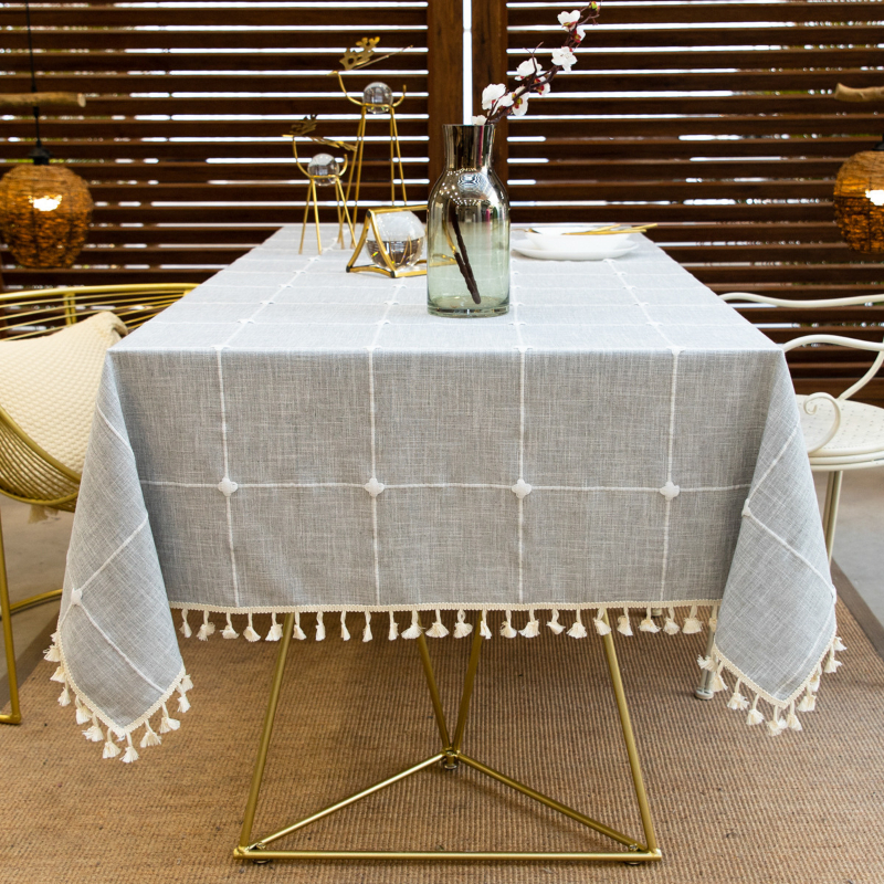 2025 Cotton Linen Solid Color Checkered Dustproof Fringed Simple Dining Table Cloth