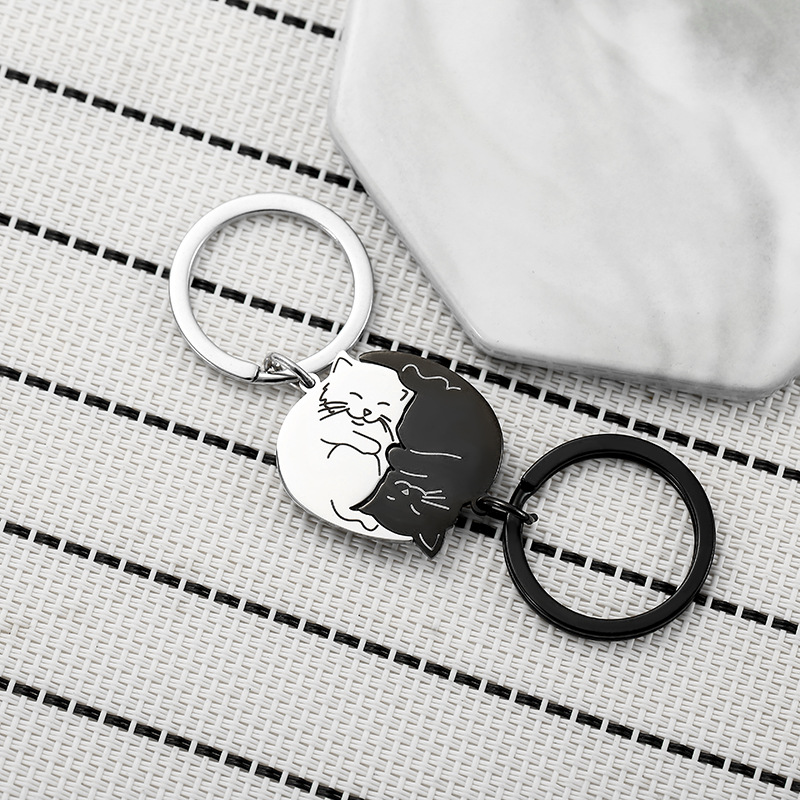 Shuangshuo Black Cat Matching Couples Keychain Stainless Steel Puzzle Keyring Valentines Gifts for Women Men Friendship Gift