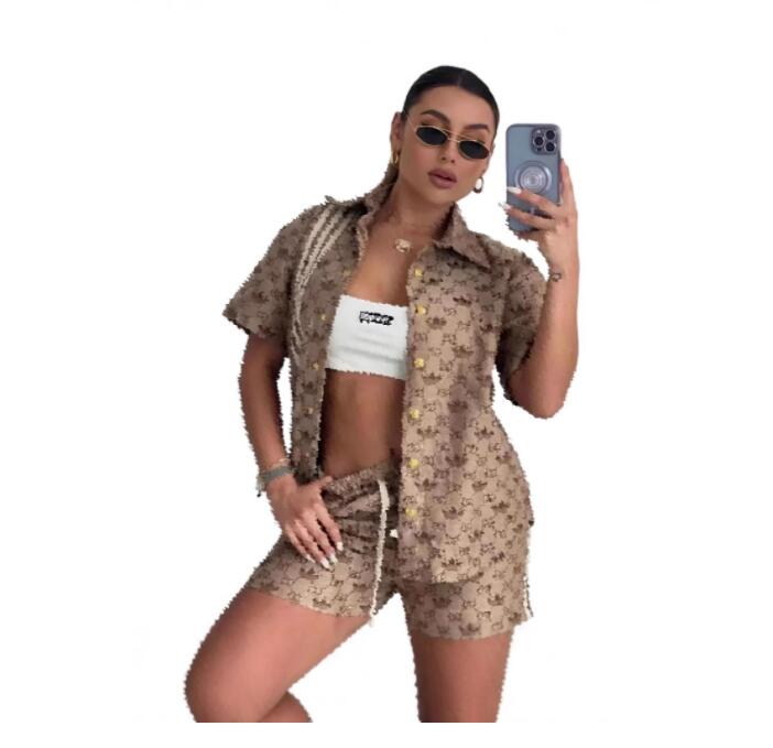 Womens Co-branding Tracksuits printed Shirt Short-sleeved Suit Summer Fashion Jogger Shorts Casual Pocket Female 2 Piece Set