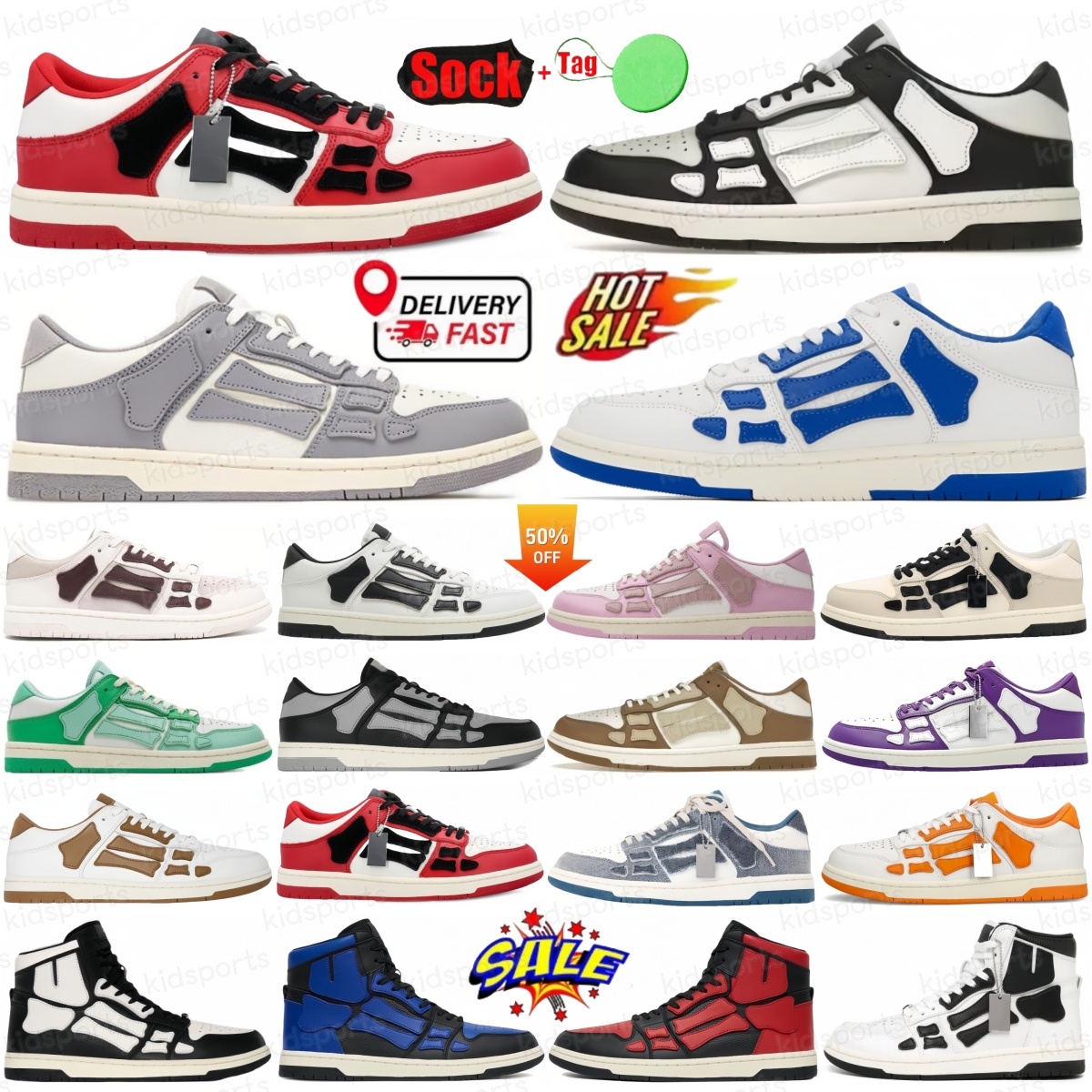 designer shoes mens kel Top Skelet Bones Sneakers Women Black White Red Orange Brown Genuine Leather Lace-Up trainers