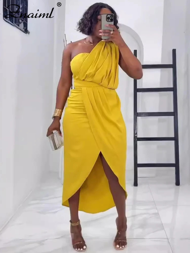 Znaiml Elegant Yellow Wedding Party Dresse One Shoulder Sleeveless Ruched Split Bodycon Evening Prom Birthday Gown Robe 250513