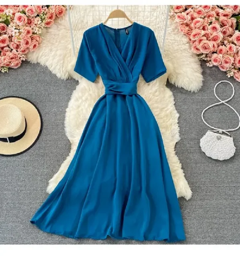 V-Neck Waist-Cinching Elegant Long Skirt Gown Summer 2025 French Vintage Orange Bellflower Dress Slimming
