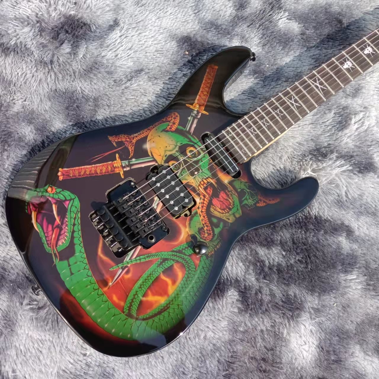 Bold Dark-Base Electric Guitar: Green Snake, Skull & Swords Graphic, Fiery Red/Orange Accents-image-1058633872