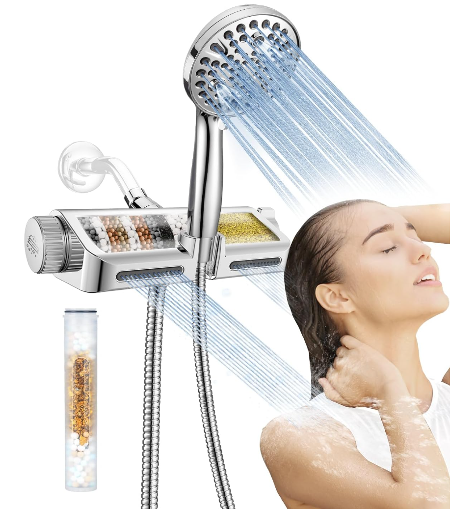 Filtered Shower Head with Handheld Combo chrome- Dual 2-in-1 Spa System with Massage Shower Head and 10 Modes Hand Held, High Pressure, Buit in P-image-1058722997