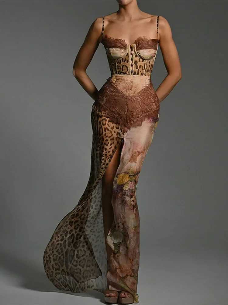 Women Fashion Leopard Print Long Dress Backless Slveless Lace Mesh Patchwork Maxi Dresses Summer New Vocation Beach Party Gown Z250522