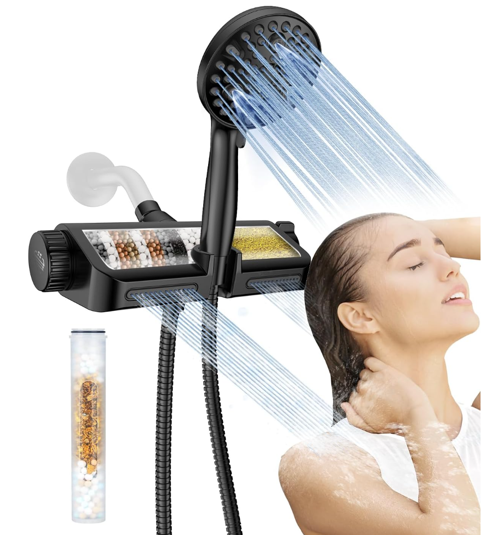 Filtered Shower Head with Handheld Combo Matte Black- Dual 2-in-1 Spa System with Massage Shower Head and 10 Modes Hand Held, High Pressure, Buit-image-1058724036