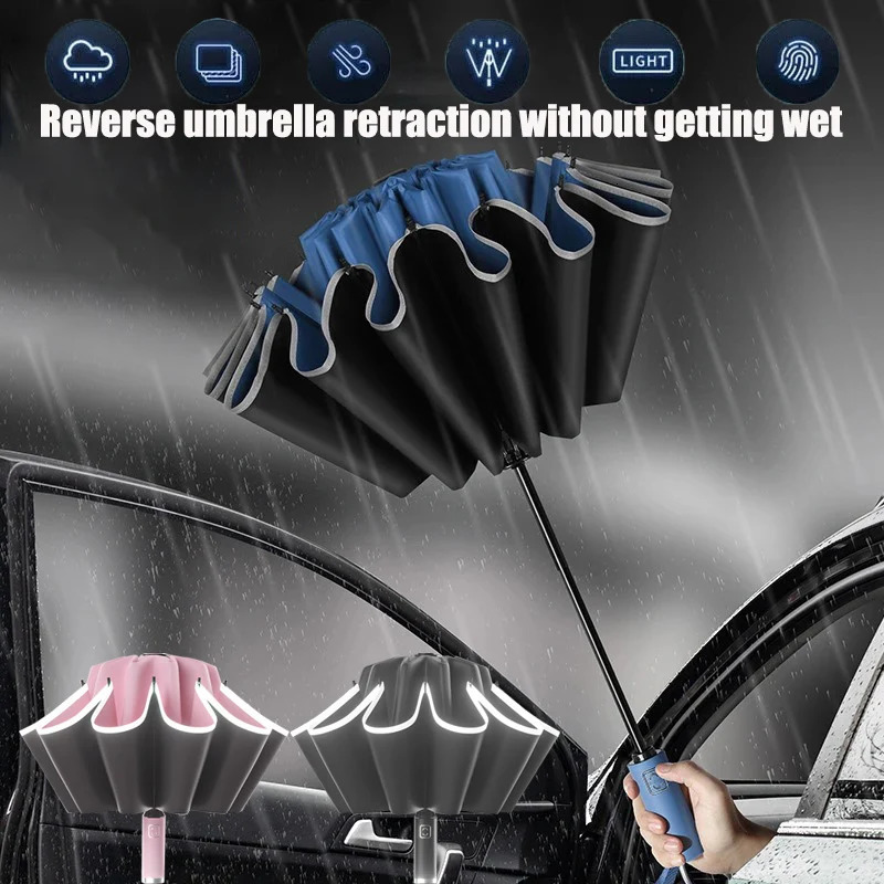 Umbrella Windproof Strong With Reflective Stripe Reverse Automatic Fold UV Insulation Portable Parasol Big 250517 M260303-image-1096023211