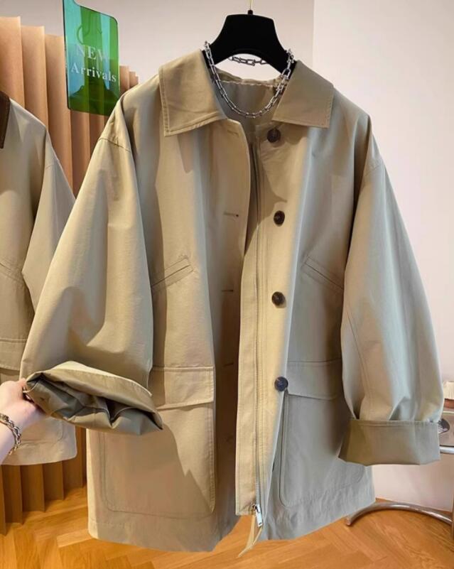 Spring Autumn Jackets womens contrasting lapel mid length windbreaker patch design large size loose high-end casual retro workwear jacket Outerwear