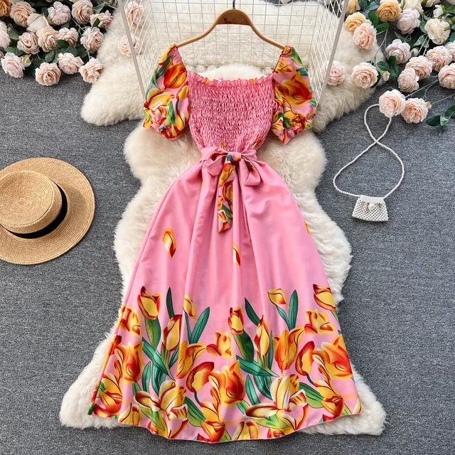 Cou de couche carré bandage de la châssis de poitrine de la robe de soleil vestidos vestiges élégants fleurs d'été imprimé longue robe femme vint