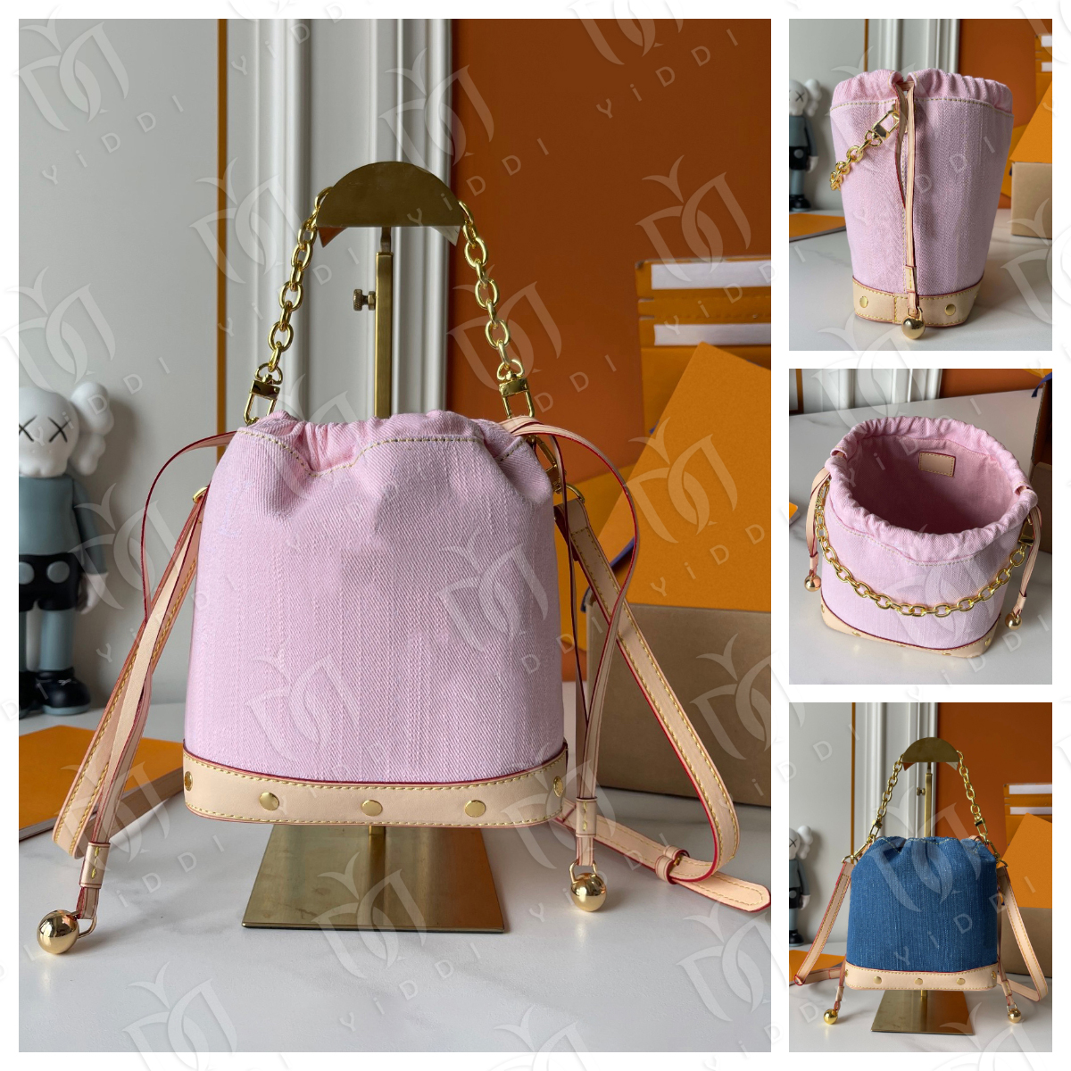 Luxury Designer bag Monogram Denim bag Mini Drawstring Shoulder Crossbody bag Bucket bag for Women Premium Vintage Chain Handle Purse Blue Denim bag