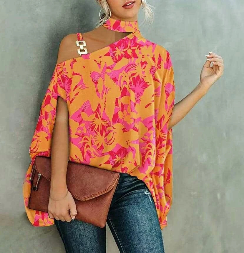 Plus Size Womens Sexy Loose Blouse 2024 Summer Shirt Openshoulder Hollowedout Short Sleeve Chain Neck Print Top Femme 250514Z