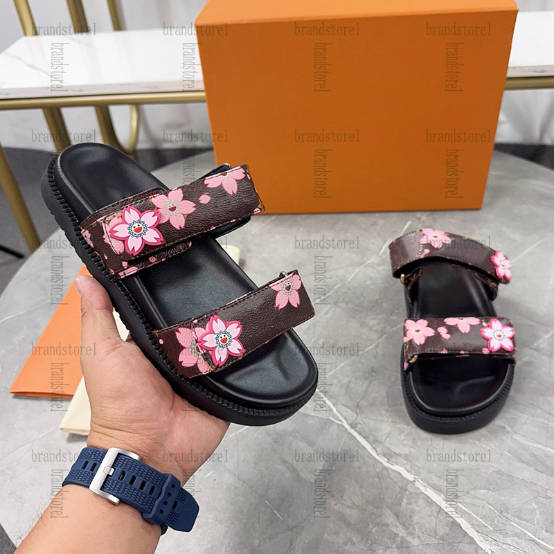Designer Womens Lambskin Platform Heels Sakura Sandals Outdoor Beach Shoes Vintage Black White Brown Sliding Mule Casual Shoes With Dust Bag