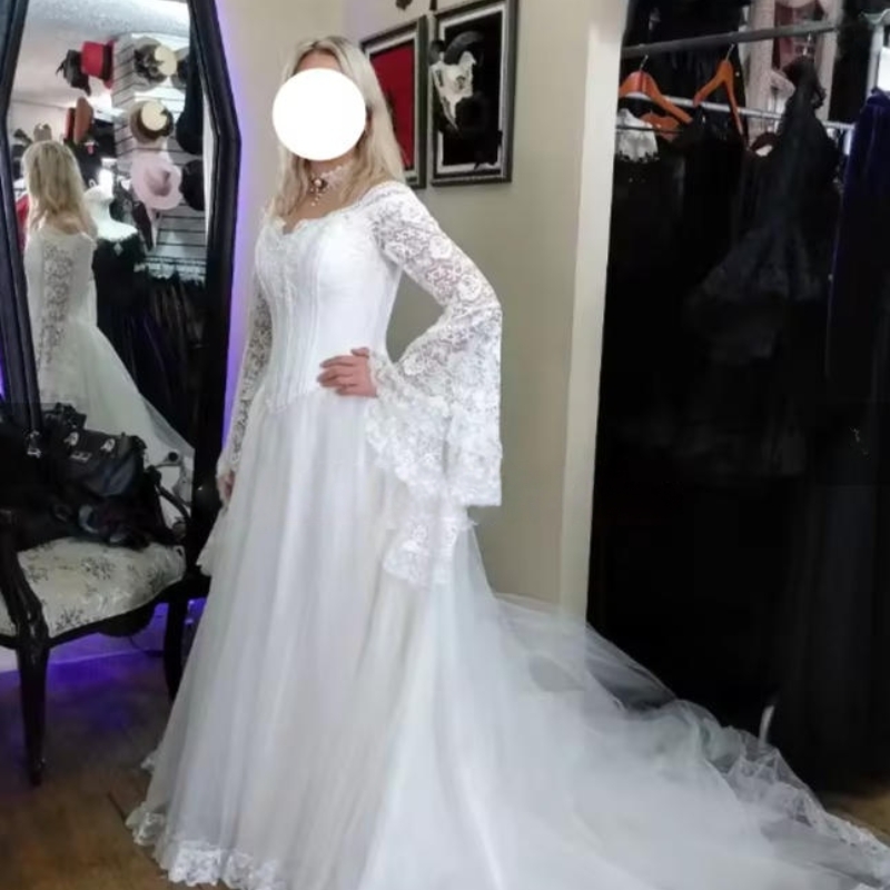 Vintage Victorian A-Line Wedding Dresses Flare Sleeves Fantasy Bridal Gown Lace Appliques White Tulle Vestido De Novia