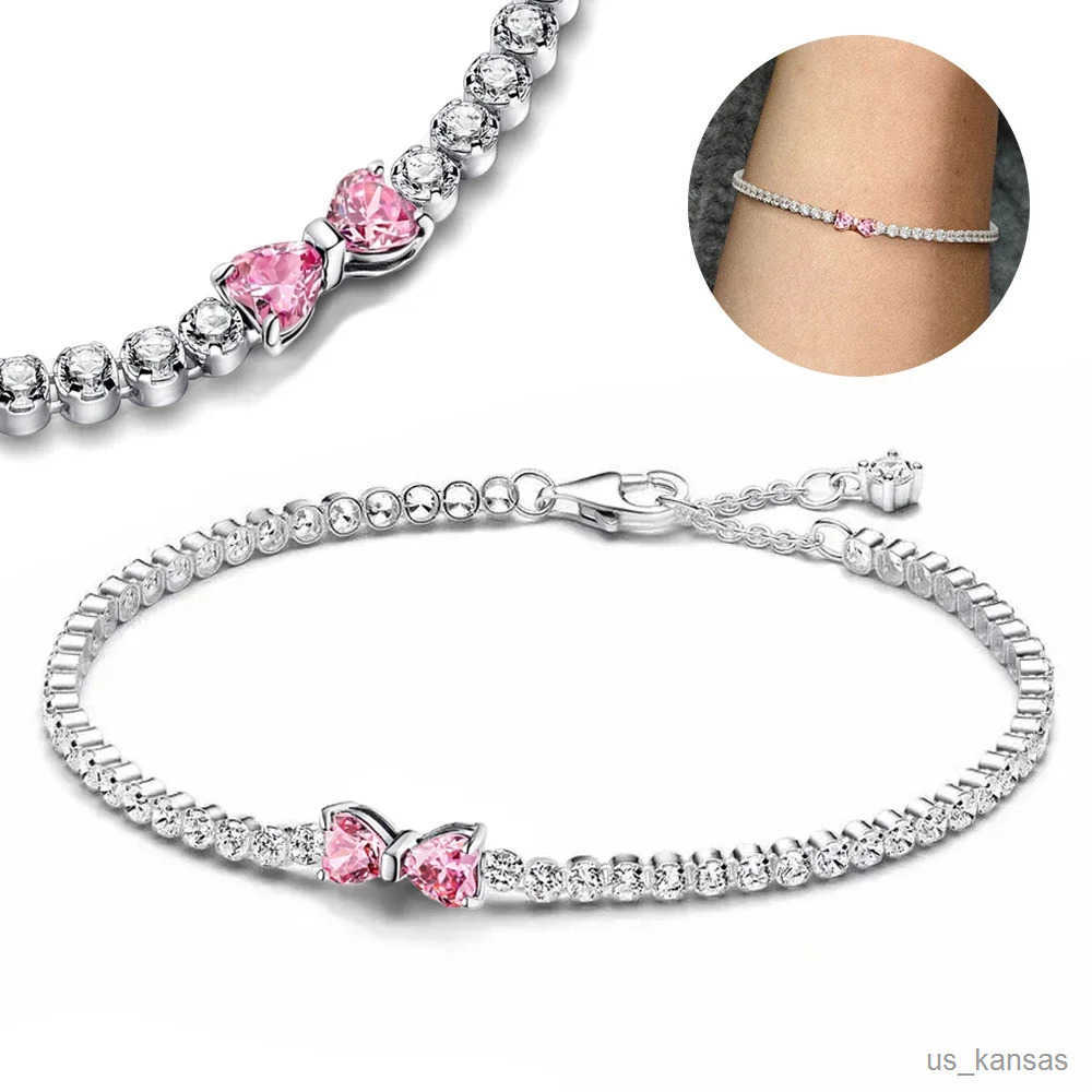 2025 Valentine New Silver Pink Bow Full Diamond Bracelet Original 17-20CM Fit DIY Charm Women Birthday Jewelry Gifts X250528