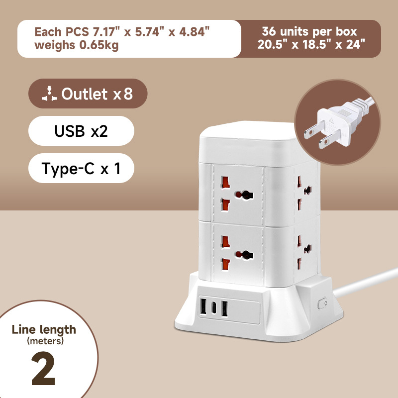 Multi Sockets Power Strip Tower with 8 Outlets +2 USB +1 Type C UK Multi Plug Extension Socket 2M Cable Surge Protection R250514-image-1057433021