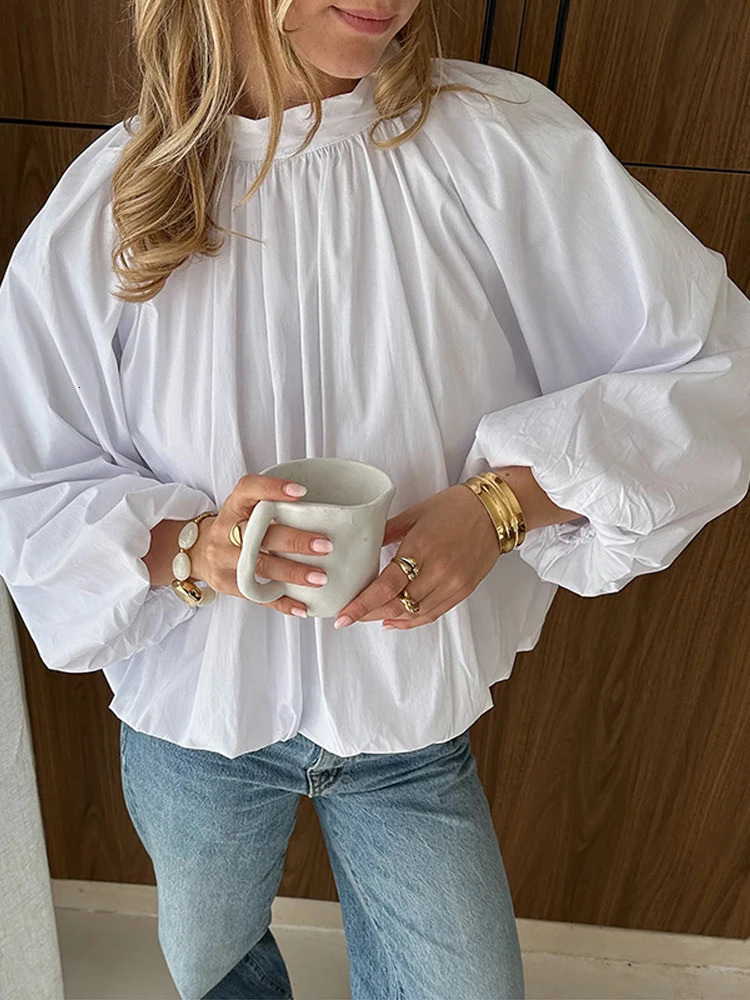 Back Split Lace Up Hollow Out Womens Shirts Solid White O neck Puff Sleeve Blouse Female Summer Fashion Lady Streetwears 250526